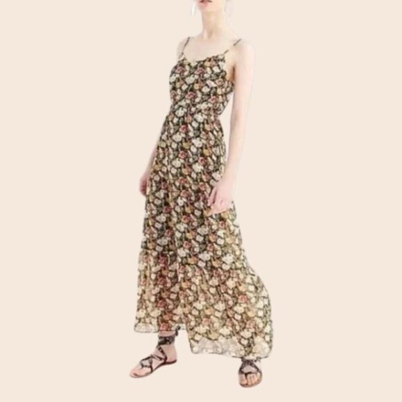 J. Crew Mercantile Black Chiffon Tiered Floral Maxi Dress Size 8 - Picture 1 of 15